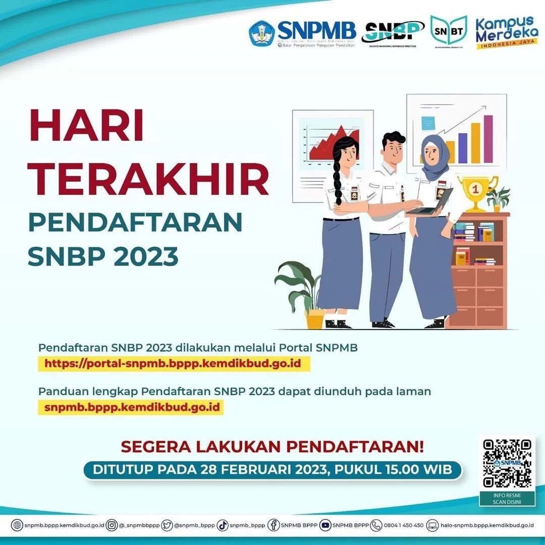 polinema_campus's tweet image. ‼️HARI TERAKHIR PENDAFTARAN SNBP 2023‼️

Pendaftaran SNBP 2023 akan DITUTUP HARI INI pukul 15.00 WIB.

SNPMB mengimbau siswa untuk SEGERA melakukan finalisasi hingga tahap cetak kartu dan memastikan seluruh data yang terunggah benar.

#SNPMBBPPP
#SNPMB2023
#SNBP
#SNBT
#UTBK
