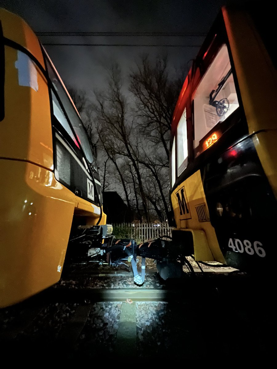 clems_86's tweet photo. I was proud to be part of the team that took delivery of the very first new @My_Metro train this morning! 🚇 Old met new, when 4 metro cars were used to tow the new train back to Gosforth Depot. Now for some well earned sleep 😴 https://t.co/G4gJ2YTxJ4