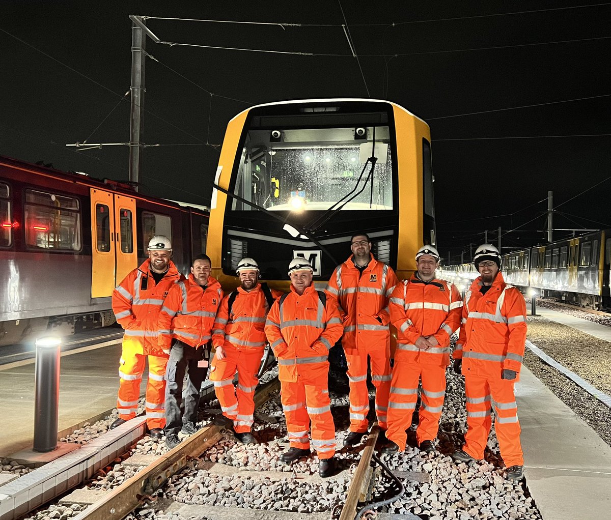 clems_86's tweet photo. I was proud to be part of the team that took delivery of the very first new @My_Metro train this morning! 🚇 Old met new, when 4 metro cars were used to tow the new train back to Gosforth Depot. Now for some well earned sleep 😴 https://t.co/G4gJ2YTxJ4