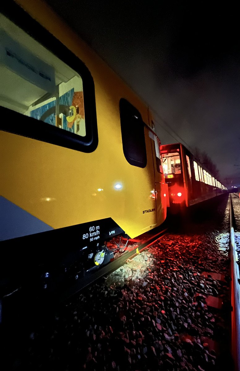 clems_86's tweet photo. I was proud to be part of the team that took delivery of the very first new @My_Metro train this morning! 🚇 Old met new, when 4 metro cars were used to tow the new train back to Gosforth Depot. Now for some well earned sleep 😴 https://t.co/G4gJ2YTxJ4