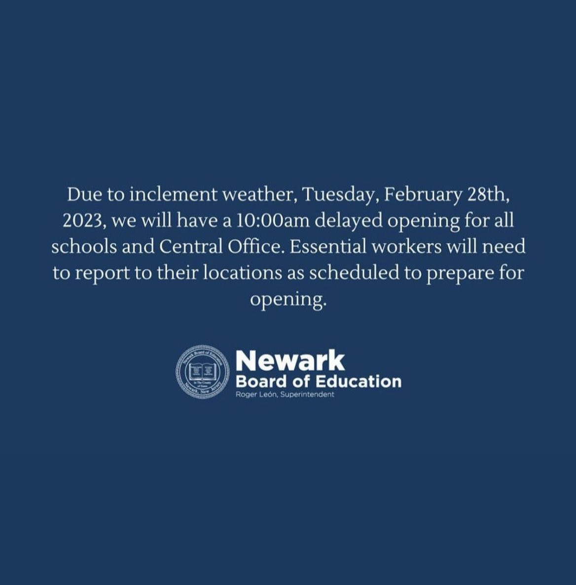 ADorian4Newark's tweet photo. Due to inclement weather,
on Tuesday, February 28th, 2023, we will have a 10:00am delayed opening for all schools and Central Office. Essential workers will report to their locations as scheduled to prepare for opening. ⏰
#Newark #NewarkPublicSchools #DelayedOpening #NewJersey https://t.co/SzNZ7iiyDl