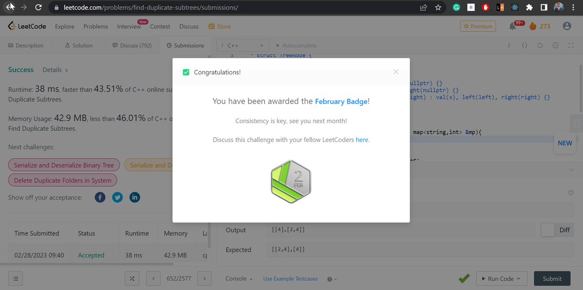 its_akt_'s tweet image. Completed the February Challenge of
@LeetCode :)✨
#codingchalleng #problemsolving #February2023 #DSA #leetcode