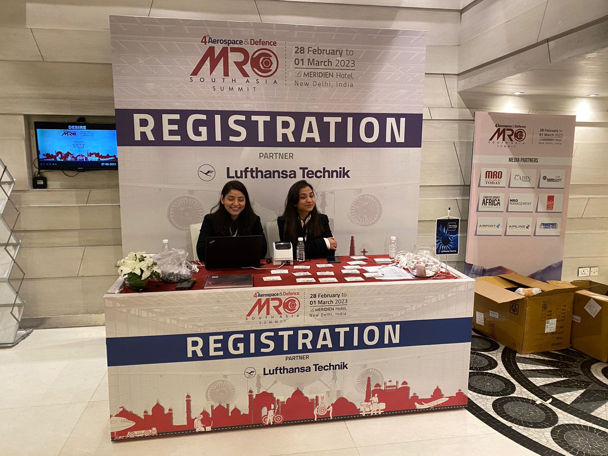 AerospaceMediaG's tweet photo. Registration begins for the 𝟒𝐭𝐡 𝐀𝐞𝐫𝐨𝐬𝐩𝐚𝐜𝐞 𝐚𝐧𝐝 𝐃𝐞𝐟𝐞𝐧𝐜𝐞 𝐌𝐑𝐎 𝐒𝐨𝐮𝐭𝐡 𝐀𝐬𝐢𝐚 𝐒𝐮𝐦𝐦𝐢𝐭 𝟐𝟎𝟐𝟑 with our registration partner @LHTechnik at the #LeMeridienHotel, #newdelhi.

@lufthansa  #LufthansaTechnik #Lufthansa #MRO  #MROSouthAsia2023 #MROEvent https://t.co/CntA1TLlUg