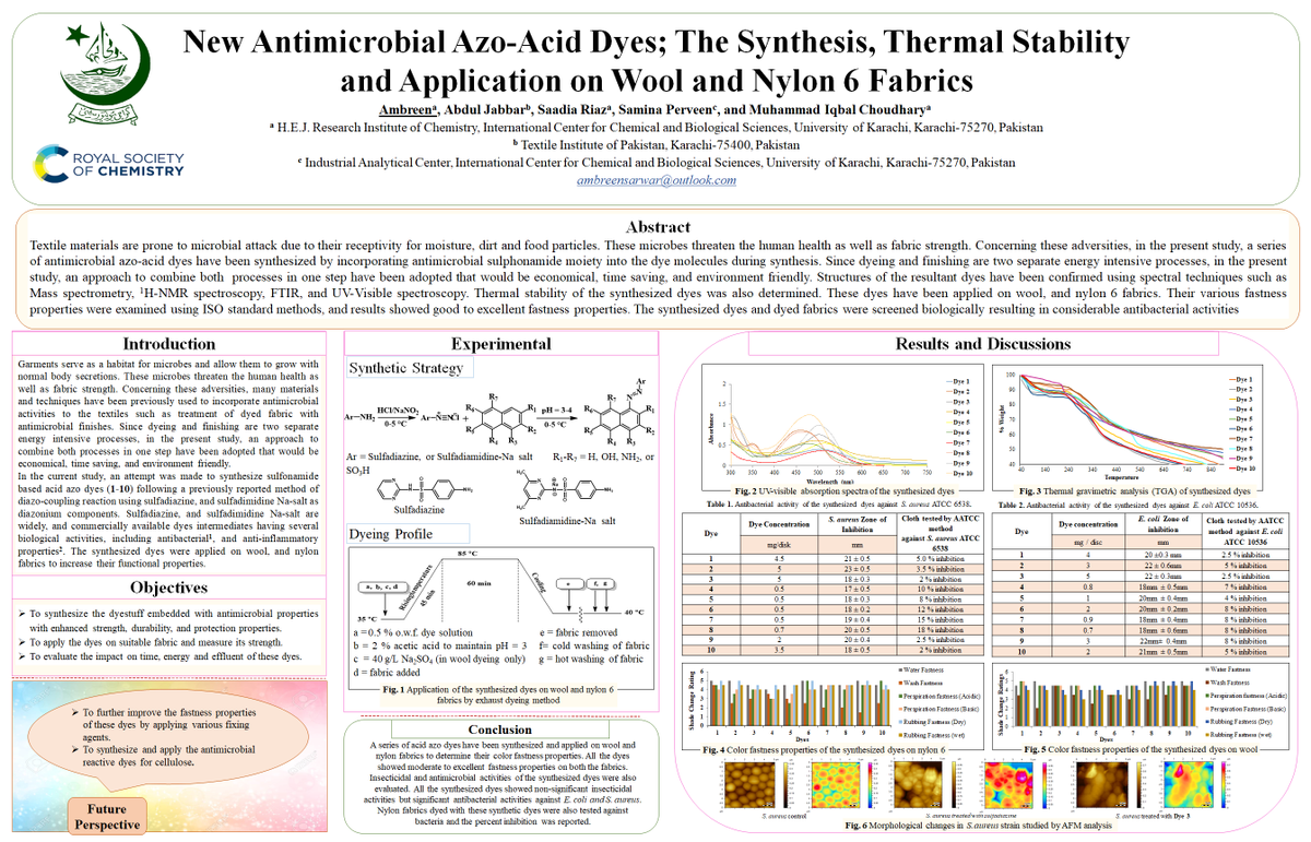 Ambreen083090's tweet photo. Assalam-o-alaikum,
I am a research fellow at ICCBS University of Karachi. I am presenting the approach to develop in-built antimicrobial dyes that would be time saving, cost effective as well as eco-friendly. #RSCPosterLive #RSCPoster #RSCMat #RSCOrg #RSCSus #RSCEnv https://t.co/uK8TY08QfB