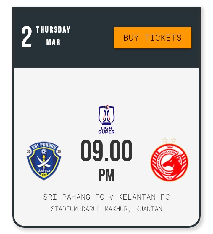 Tiket perlawanan antara Pahang dan Kelantan kembali ke Tickethotline. 

Perlawanan khamis ni bermula pada 9 malam ya. Bukan 8.15, bukan 8.45. 

Dah boleh beli.
ticket.tickethotline.com.my