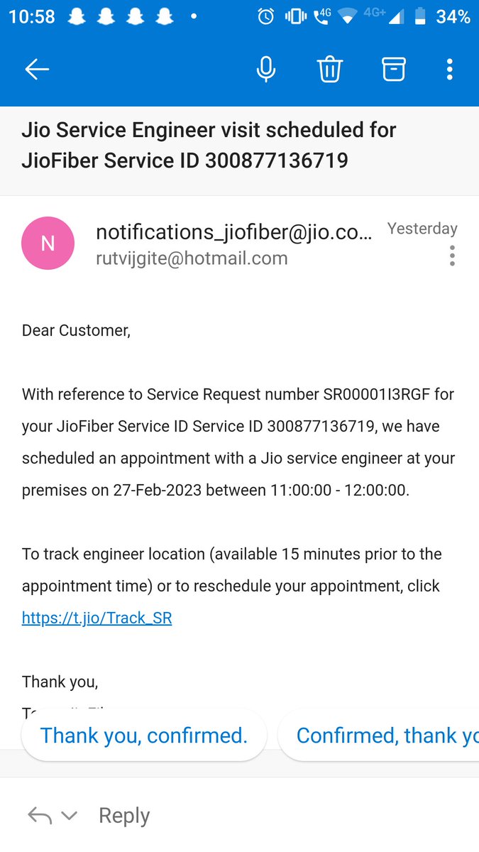 Rutvij18990356's tweet photo. You are giving me #tarikhpaitarikh @reliancejio @reliancejio @DoT_India please take action against @JioCare Jio Fibre they are not providing me service from 3 February and also not giving me the refund of the plan. https://t.co/NMtIM0lq9U