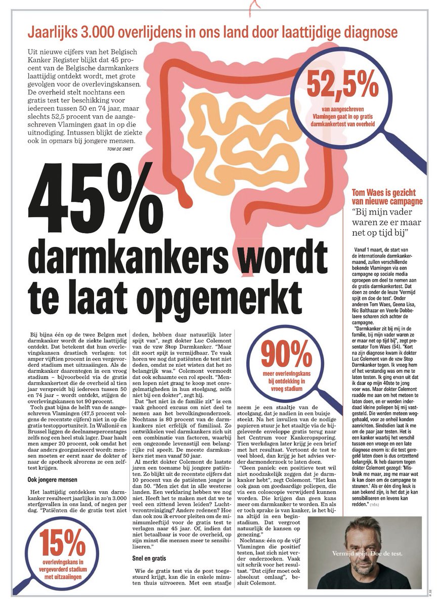 LucColemont's tweet photo. De ‘word is out’!
Met dit artikel in @Nieuwsblad_be is onze @StopDarmkanker campagne gelanceerd! 🍀

Txs @TomDSmet voor interview!
Txs boegbeeld @tomwaes 💙

#vermijdspijt 🙏 #doedetest

Ik licht graag cijfers toe bij @DeTafelvanVier vanavond 😉

#maartisdarmkankermaand https://t.co/0bzrJ9xFKG