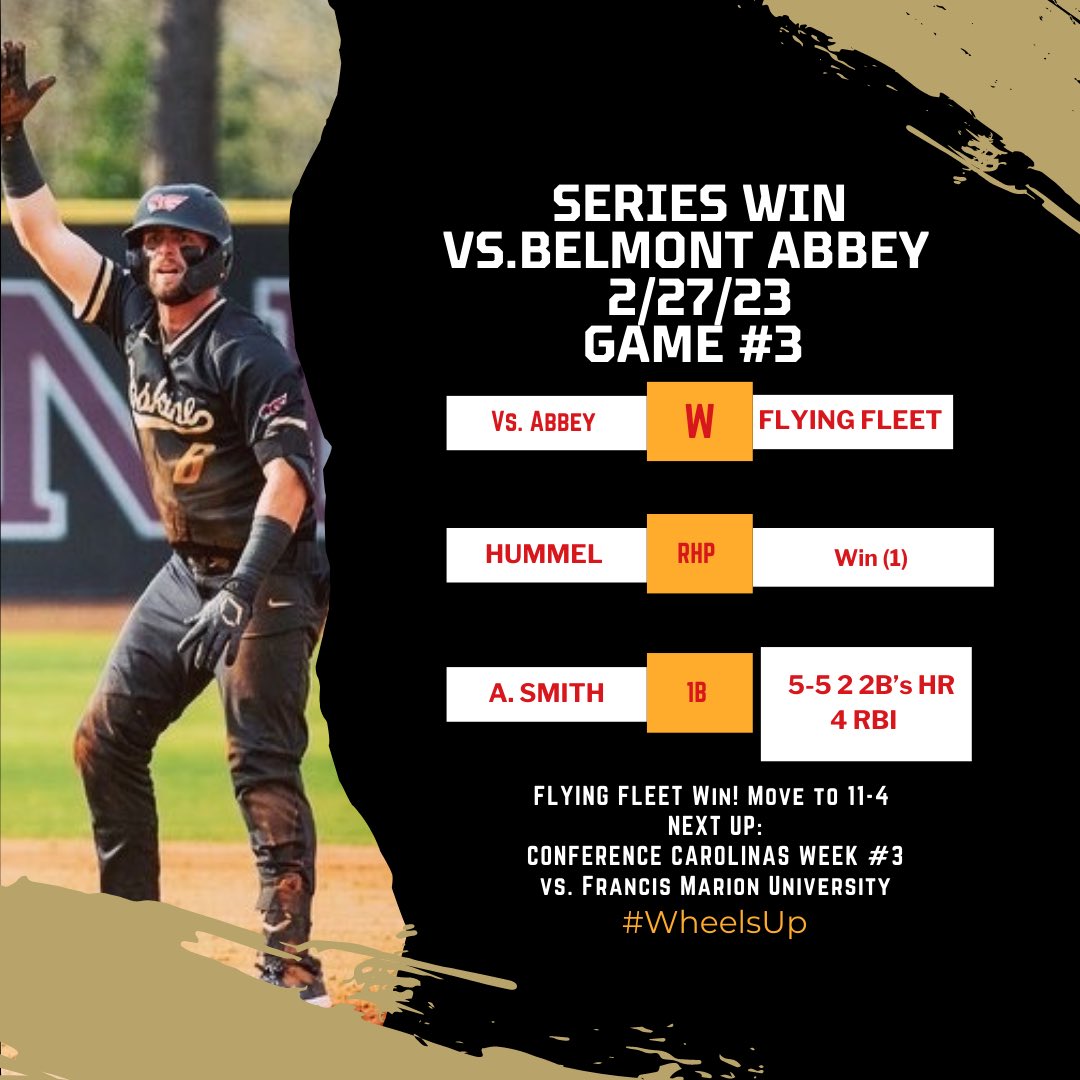 FleetBaseball's tweet photo. Erskine College Baseball @FleetBaseball Wins @ConfCarolinas Series over Belmont Abbey College! Fleet move to 11-4 on the Year!
W Hummel (1) 
A. Smith 5-5 2 2B’s HR 4 RBI 
Tyler Smith Walk OFF 1B 
Next Up Francis Marion University 
Friday March 3, 2023 
2 PM at Grier Field! 
#50 https://t.co/ulC9zZDdCG