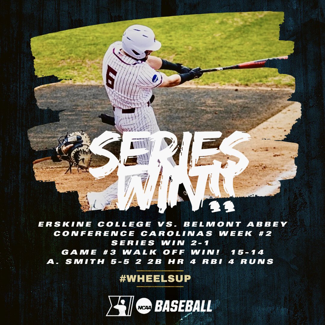 FleetBaseball's tweet photo. Erskine College Baseball @FleetBaseball Wins @ConfCarolinas Series over Belmont Abbey College! Fleet move to 11-4 on the Year!
W Hummel (1) 
A. Smith 5-5 2 2B’s HR 4 RBI 
Tyler Smith Walk OFF 1B 
Next Up Francis Marion University 
Friday March 3, 2023 
2 PM at Grier Field! 
#50 https://t.co/ulC9zZDdCG