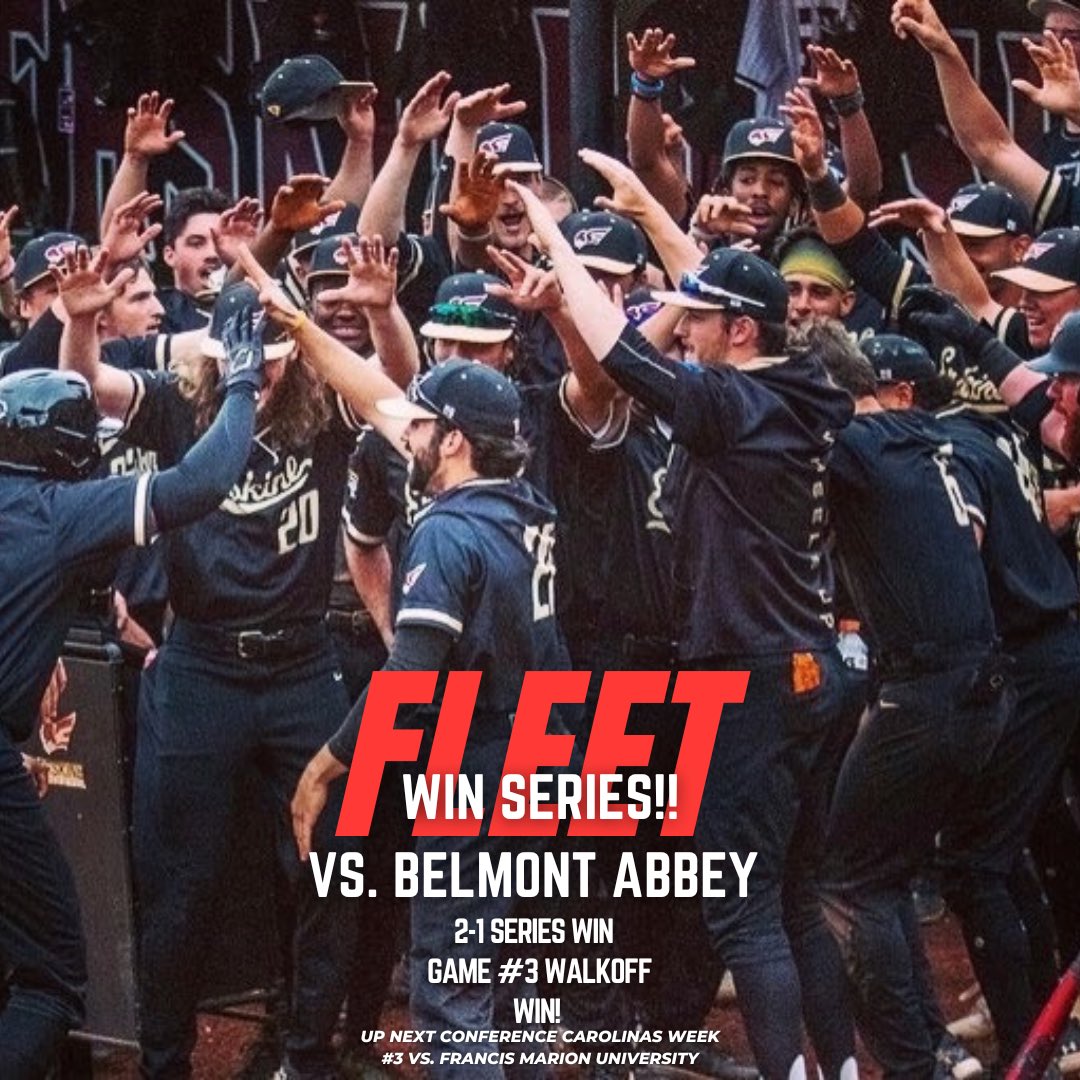 FleetBaseball's tweet photo. Erskine College Baseball @FleetBaseball Wins @ConfCarolinas Series over Belmont Abbey College! Fleet move to 11-4 on the Year!
W Hummel (1) 
A. Smith 5-5 2 2B’s HR 4 RBI 
Tyler Smith Walk OFF 1B 
Next Up Francis Marion University 
Friday March 3, 2023 
2 PM at Grier Field! 
#50 https://t.co/ulC9zZDdCG