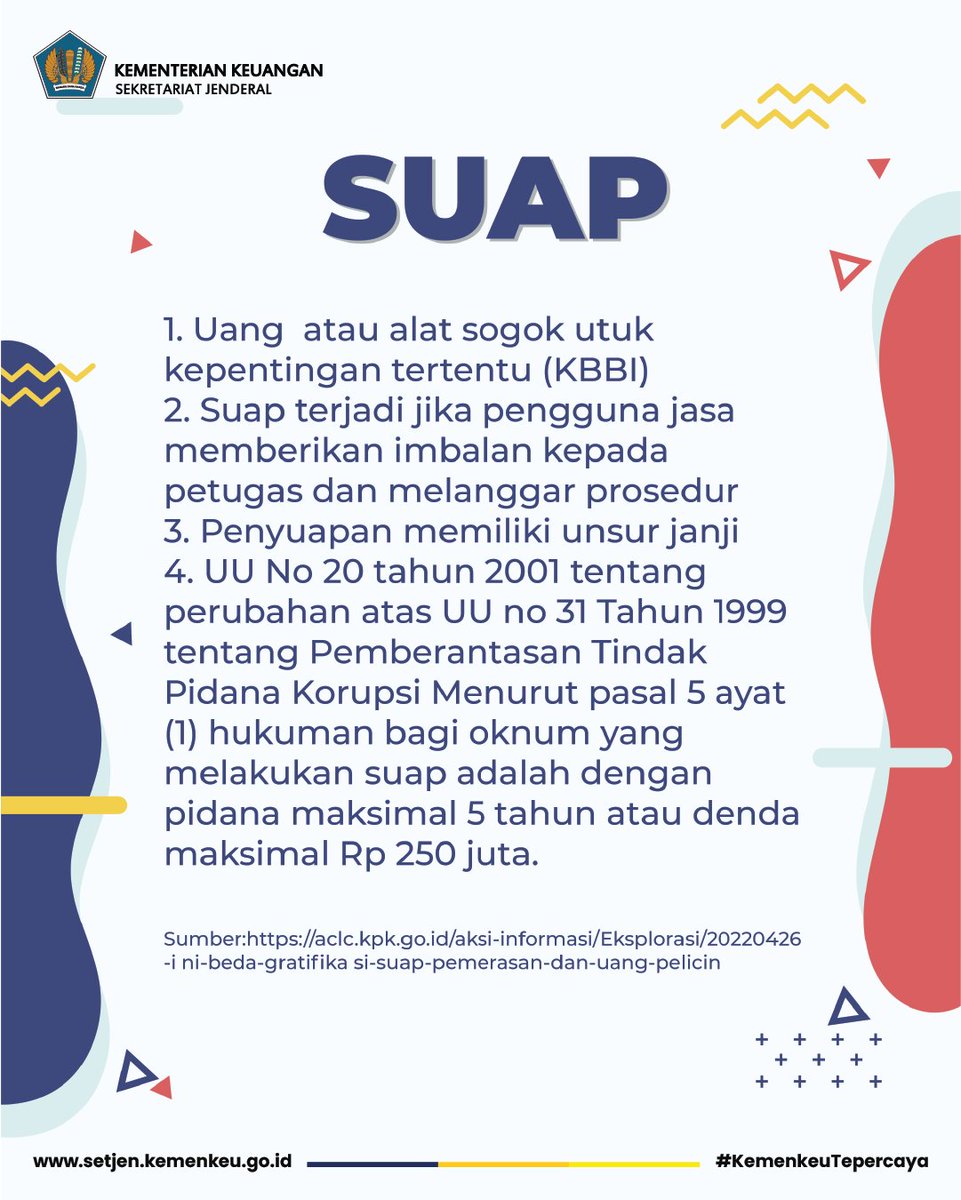 setjenkemenkeu's tweet photo. Hai Temankeu! Simak yuk perbedaan gratifikasi dengan suap biar kita paham.
#SosialisasiAntiKorupsi
#SosialisasiAntiGratifikasi
#IntegrityCampaign
#ZIWBKBiroUmum https://t.co/yk45F8mH6E