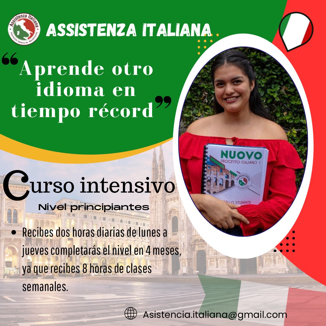ASISTAL's tweet image. “HABLA OTRO IDIOMA😮 EN TAN SOLO 4 MESES CON PROFESORA NATIVA“👩‍🏫

¡Aprende la lengua Italiana🇮🇹 en tiempo récord y a la velocidad de la Luz!⚡️