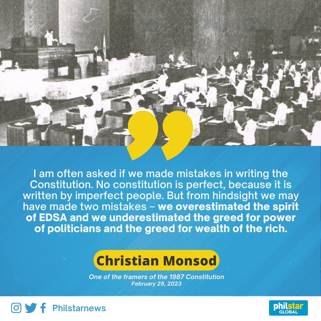 PhilstarNews's tweet photo. FRAMER OF 1987 CONSTITUTION ADMITS “MISTAKES”

Lawyer Christian Monsod, a former chair of the Commission on Elections and one of the framers of the 1987 Constitution, admitted in a speech the two "mistakes" they made as Constitution framers.

Read: https://t.co/Us2aZ9ciG2 https://t.co/ThL9HerU4h