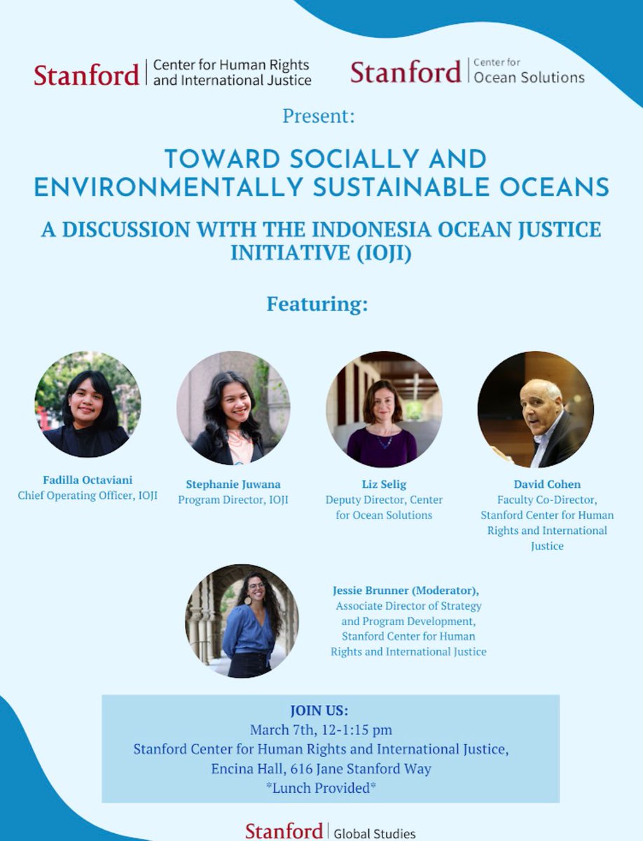 Enviro & socio sustainability often considered in isolation, but the linkages are increasingly clear, especially when it comes to the world's ocean. IOJI is excited to discuss this topic with @StanfordHumRts, @oceansolutions, @StanfordGlobal.
Join us! RSVP shorturl.at/fiMPT