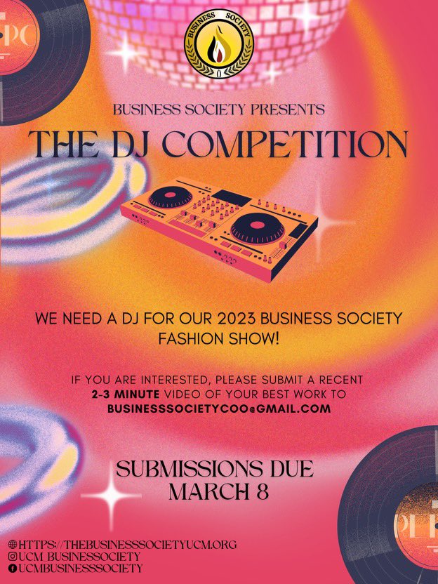 Hey everyone, we are looking for a DJ for our 2023 Business Society Fashion Show! Submission due by MARCH 8th.