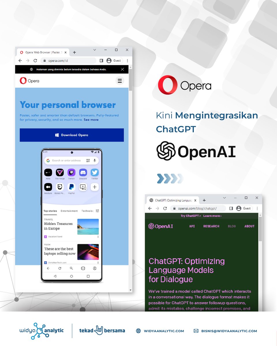 widya_analytic's tweet photo. Ada yang pernah pakai ChatGpt gak nih? Gimana menurut kalian, membantu gak nih? Nah ternyata Opera juga ingin menggunakan teknologi serupa lho. Hmm sudah siapkah kamu untuk bisa menyikapi teknologi yang sangat berkembang? https://t.co/XSBUEqnpdK