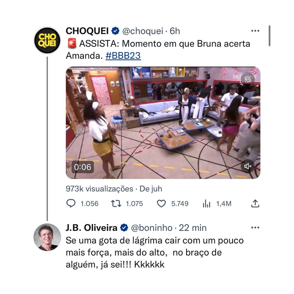 choquei's tweet image. 🚨FAMOSOS: Boninho responde a Choquei debochando daqueles que estão pedindo a expulsão da Bruna: “Se uma gota de lágrima cair com um pouco mais força no braço de alguém, já sei”. #BBB23
