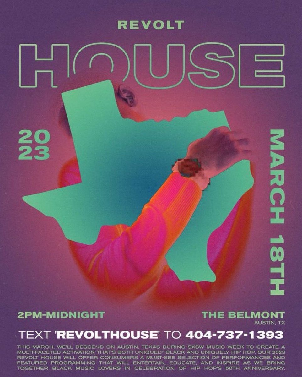 NEW SXSW 2023 SHOWCASE:

<a href="/revolttv/">REVOLT</a> House 🏠 

🗓️ 3/18/23, 2 PM - midnight

📍 <a href="/BelmontAustin/">The Belmont</a> - 305 West 6th St Austin TX

Text REVOLTHOUSE to 404-737-1393 to RSVP

📎: my.community.com/revolt?t=REVOL…

Get more unofficial events and parties:

👉 rsvpatx.com/rsvp-list

#SXSW2023 #SXSW