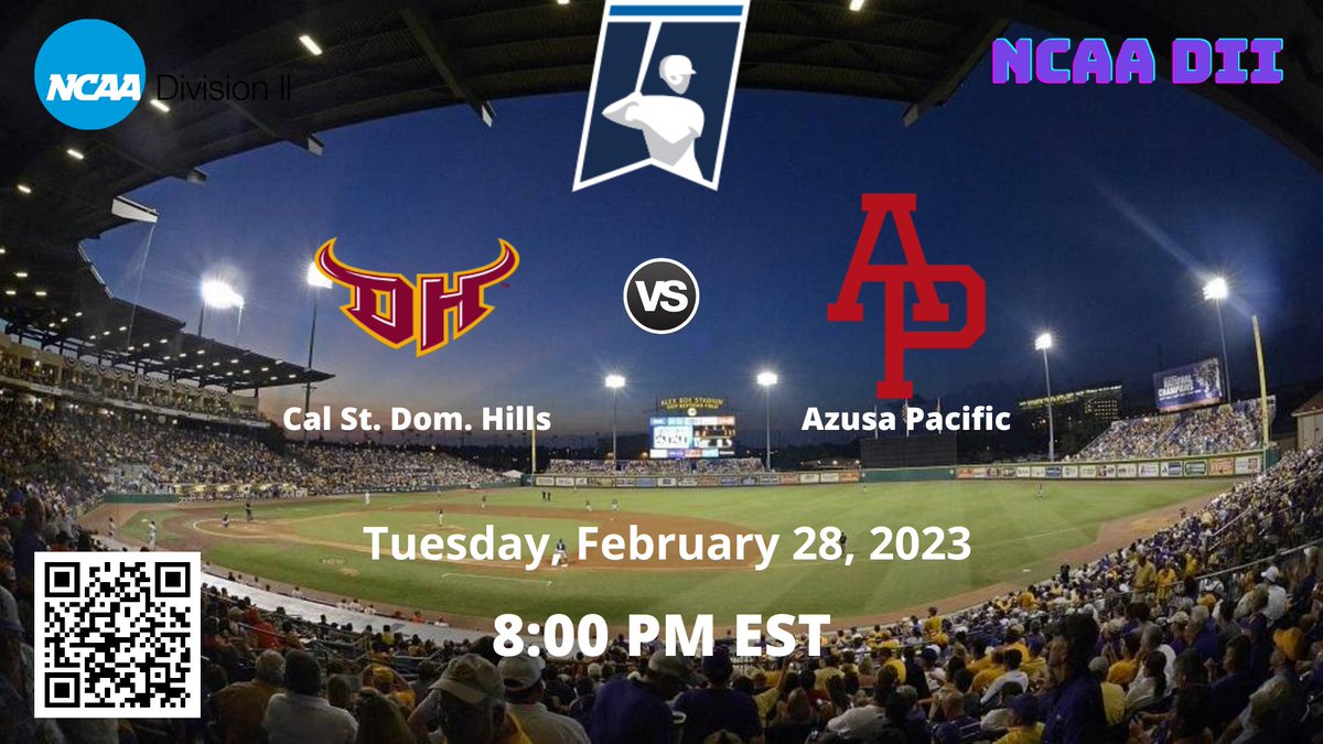 ncaad2bsbll's tweet photo. 8:00 PM EST
Cal St. Dom. Hills vs Azusa Pacific | NCAA D II BASEBALL
🔗 https://t.co/tngKl5o7xP
Tuesday, February 28, 2023
@DominguezHills @TorosAthletics @csudhteddytoro @Carlos_Braca17 https://t.co/VK5gH5yYdU