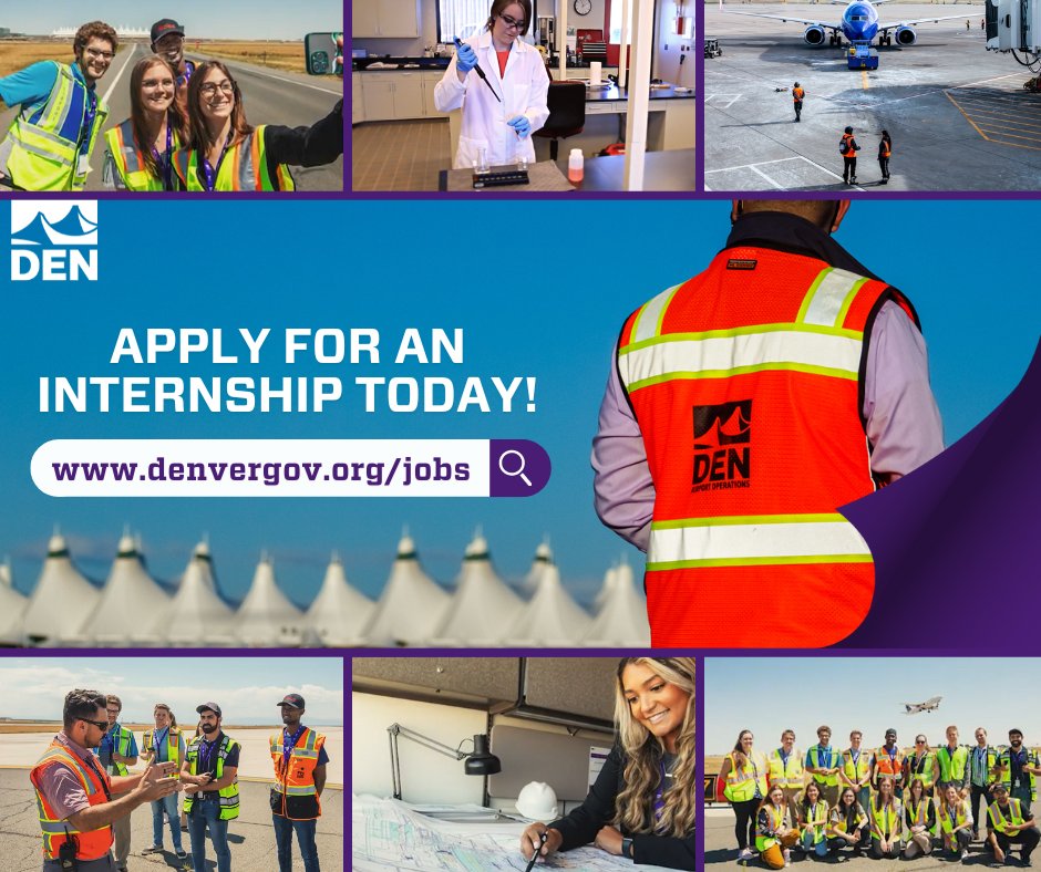 DenverCityJobs's tweet photo. Spend your summer soaring into an aviation career at @DENAirport. ✈️ Apply NOW to over 20 college internships, ranging from design to airfield operations. https://t.co/LKyPXqTcDt #WhereDenverWorks #StudentSuccess #Internship https://t.co/2DXoAGynb3