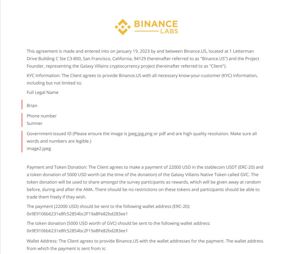 On the NDA, it required me to KYC and provide personal information. What was needed was the front and back of my drivers license. Other factors were $22,000 USDT fee, $5,000 in project tokens, and keeping the arrangement quiet. 4/9