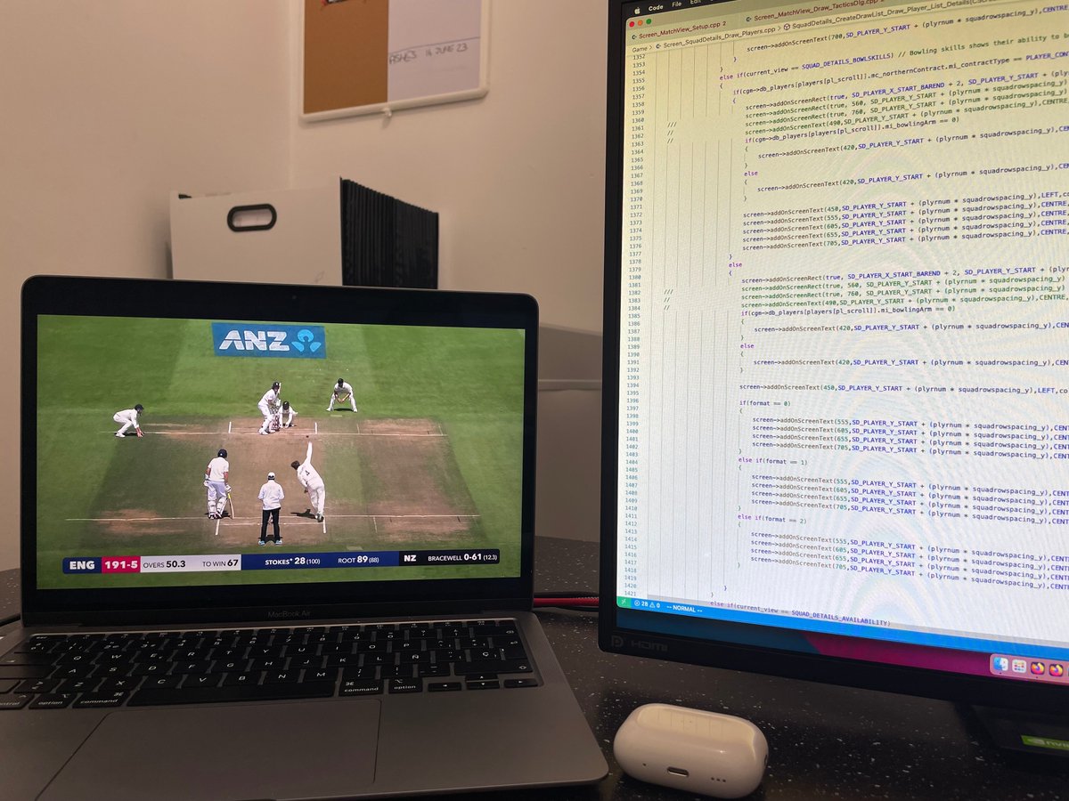 Coding #CC3 at 2am while watching England creep closer to another fantastic victory.

The fixed co-ordinates you can see in the code is why it's taking 10 years to write a HD version of Cricket Coach... 😓

#gamedev #indiedev #cricket #NZvENG