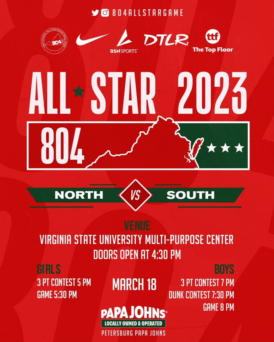 🎟️ 804 ALL•STAR GAME TICKET INFORMATION TO BE ANNOUNCED SOON 

2 GAMES + HALFTIME PERFORMANCE 

DOORS OPEN AT 4:30PM
