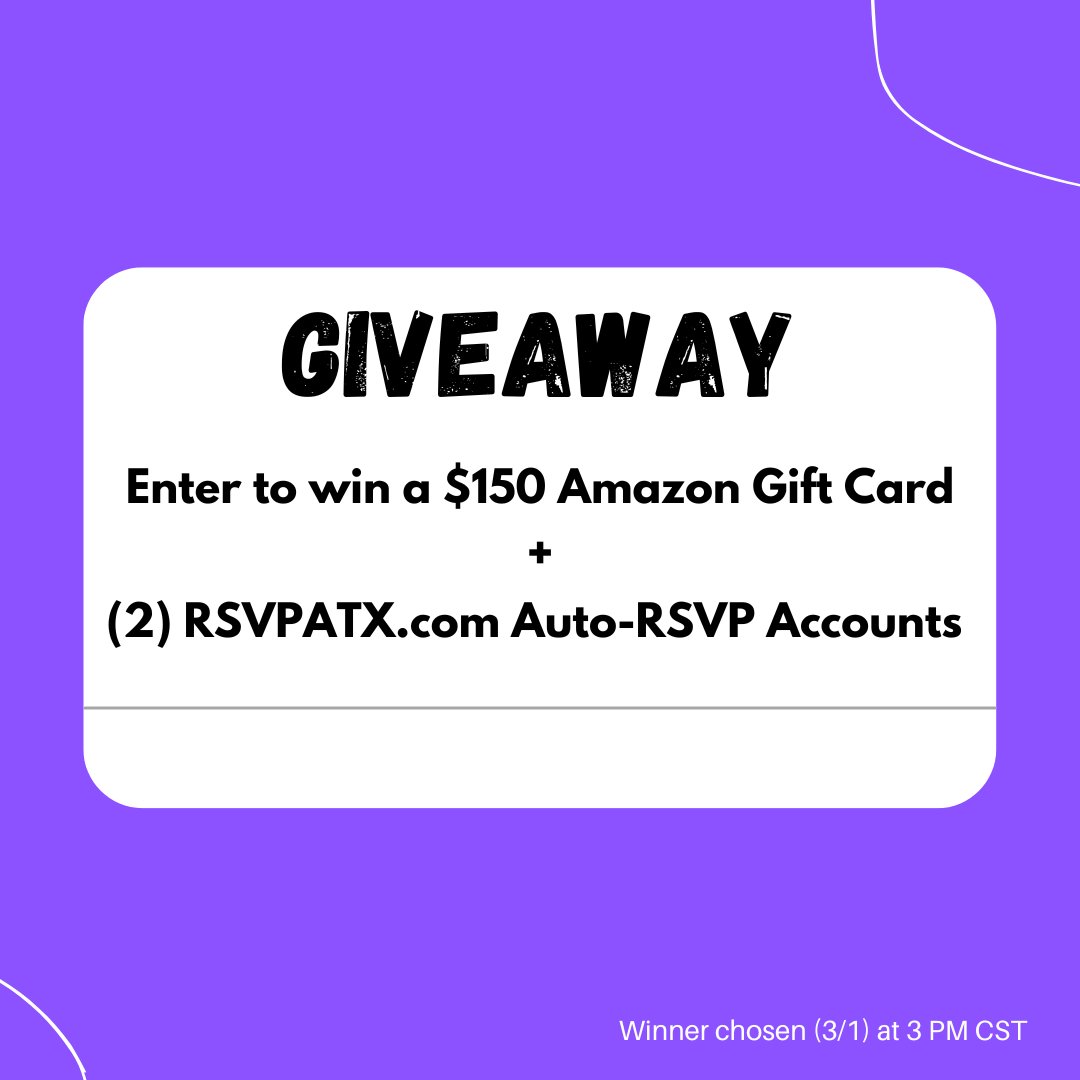 🚨 NEW CONTEST ALERT 🚨

1️⃣ RETWEET THIS
2️⃣ FOLLOW <a href="/RSVPATX/">RSVPATX.com Parties & Events during SXSW 2026</a>

To be entered for a chance to win:
✅ $150 Amazon Gift Card
+
✅ TWO Full Access automatic RSVP accounts:

👉 rsvpatx.com/order-rsvps

(save hours of time RSVPing to events, let us do the work for you)
 
#SXSW2023 #SXSW