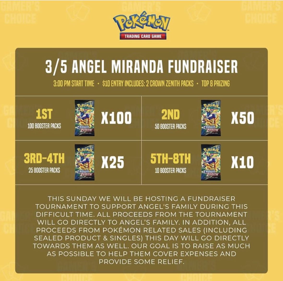 Pokémon Gamers in the NY/NJ Area — we’re hosting a tournament for Angel Miranda this Sunday 3/5 at 3pm as a fundraiser for his family.

This will be held at Gamer’s Choice, 34-09 Queens Blvd, Queens NY 11101
