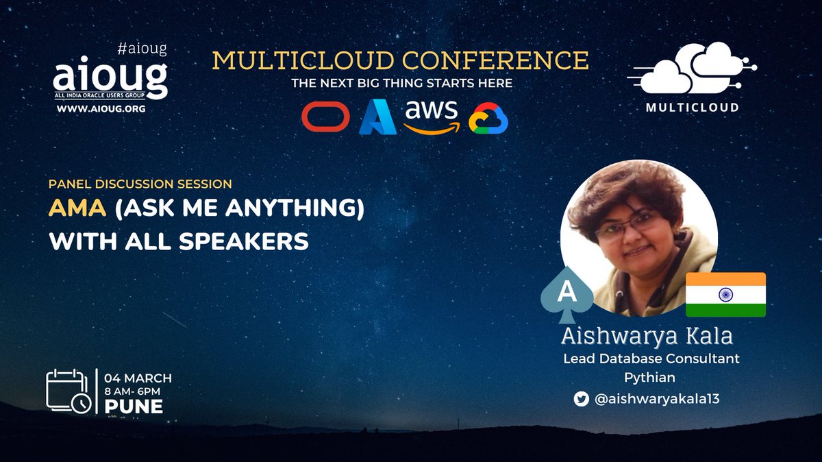 AIOUG's tweet photo. Don’t miss the opportunity to learn from Aishwarya Kala @aishwaryakala13 presenting -AMA (Ask Me Anything) with All Speakers https://t.co/lDkJ2sdIPl.
Register NOW!! https://t.co/oOlRG3lIQ7
#Multicould @oracleugs @OracleCloud @Azure @awscloud @googlecloud https://t.co/zyVH6qRS56