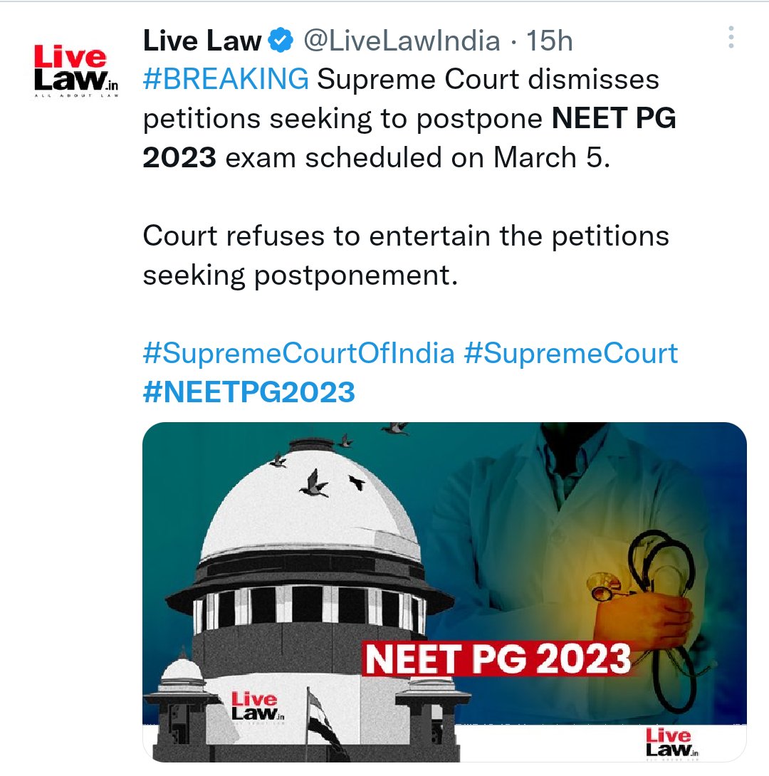 ashokdilliwala's tweet photo. This is unfortunate that doctors are not getting any relief from top court. Centres being allotted 500 km away. No punishment for Govt officials. So many issue. DISMISSED. #NEETPG2023
#neetpg2023postponement https://t.co/kBcsUuwo6p