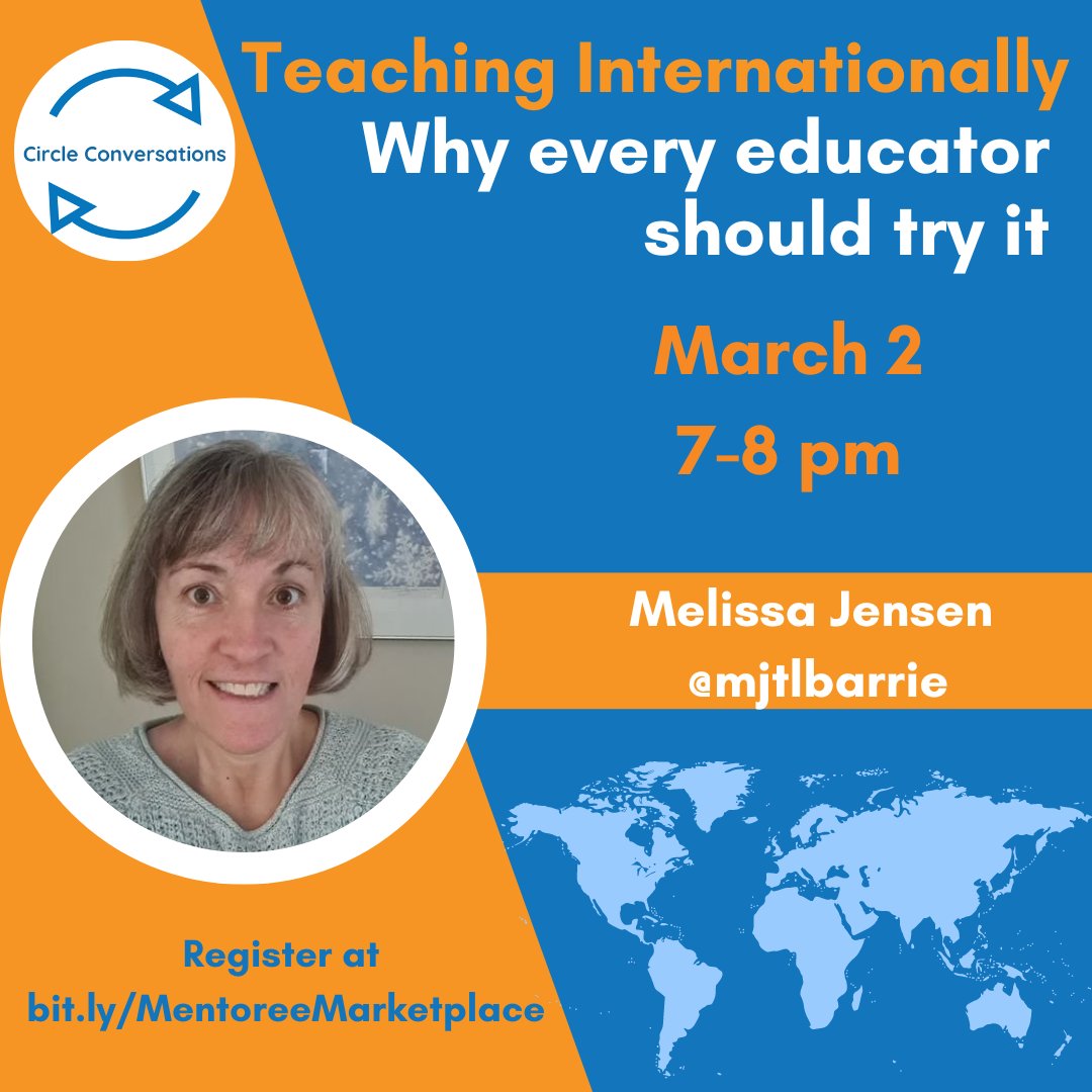 TheMentoree's tweet image. Join @mjtlbarrie on Thursday March 2nd from 7-8pm EST to talk about #teachinginternationally. Register for free at thementoree.com/marketplace #OnEdMentors #globaled #conversationsbuildcapacity