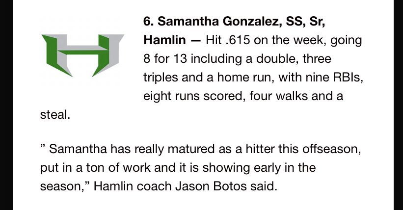 JasonBotos's tweet photo. Lady Pipers being represented again in the BCP area players of the week!  @samantharianna1 helped lead the Pipers to a 4-2 week and a 2nd place finish in San Angelo. #1@aTIME #hardworkpaysoff @BigCountrySport @IsdHamlin @sportsfreaknut https://t.co/JEwP1tyiIl