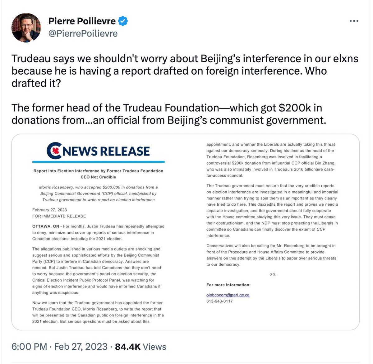 MarkGerretsen's tweet photo. PP is playing a very dangerous game here. To take partisan cheap shots at a dedicated public servant is truly irresponsible.
Morris Rosenberg has faithfully served Canadian for many years, including under Conservative governments. #cdnpoli https://t.co/xQXytsylQ4