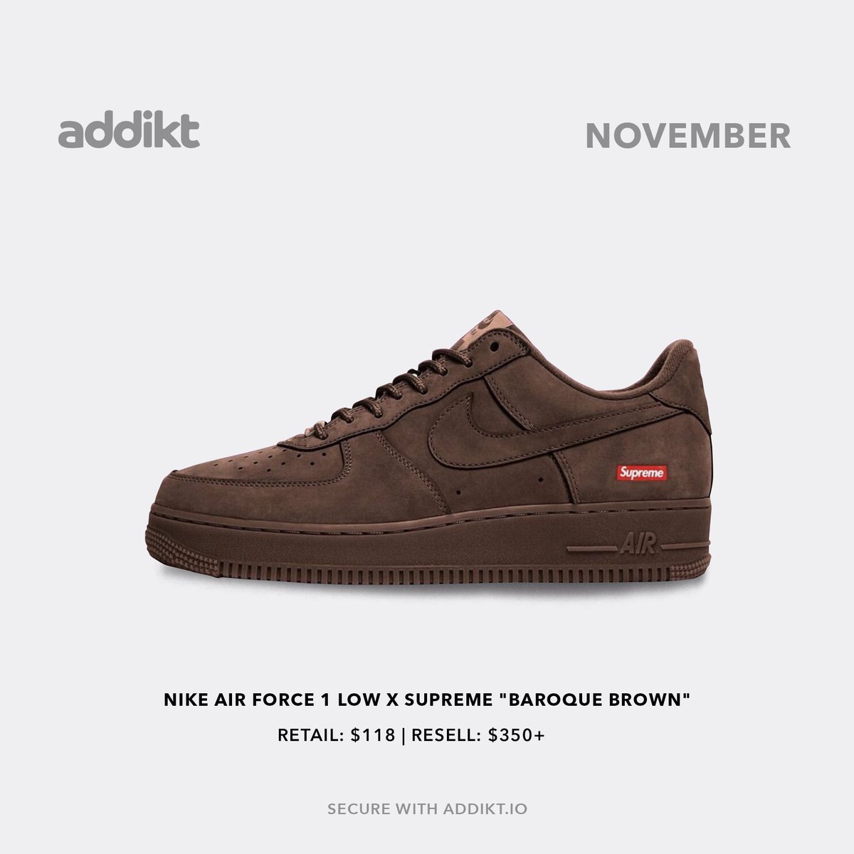 Nike Air Force 1 x Supreme “Baroque Brown” dropping this year!
Cop the drop with Addikt 
-
Sign up at Addikt.io or click the link in our bio to be notified when we restock.