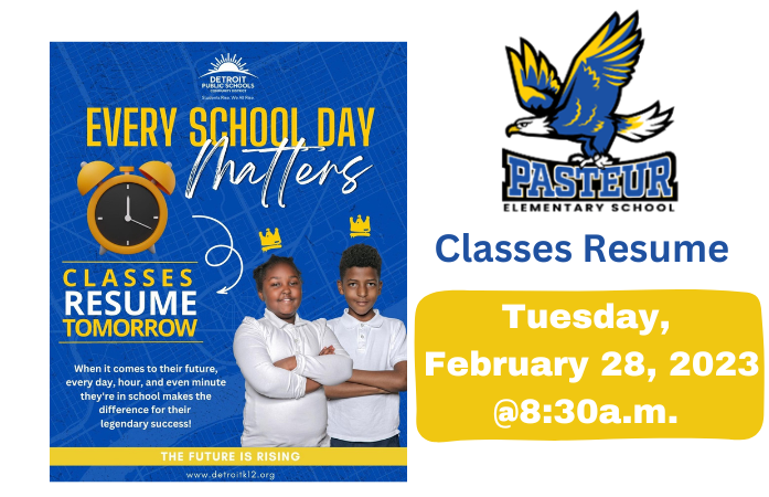 Pasteur Elementary School will reopen tomorrow, Tuesday, February 28. 2023 @ 8:30a.m. We look foward to seeing all of our Pasteur Eagles!

#EverySchoolDayMatters #TimeToRise #PasteurEagles