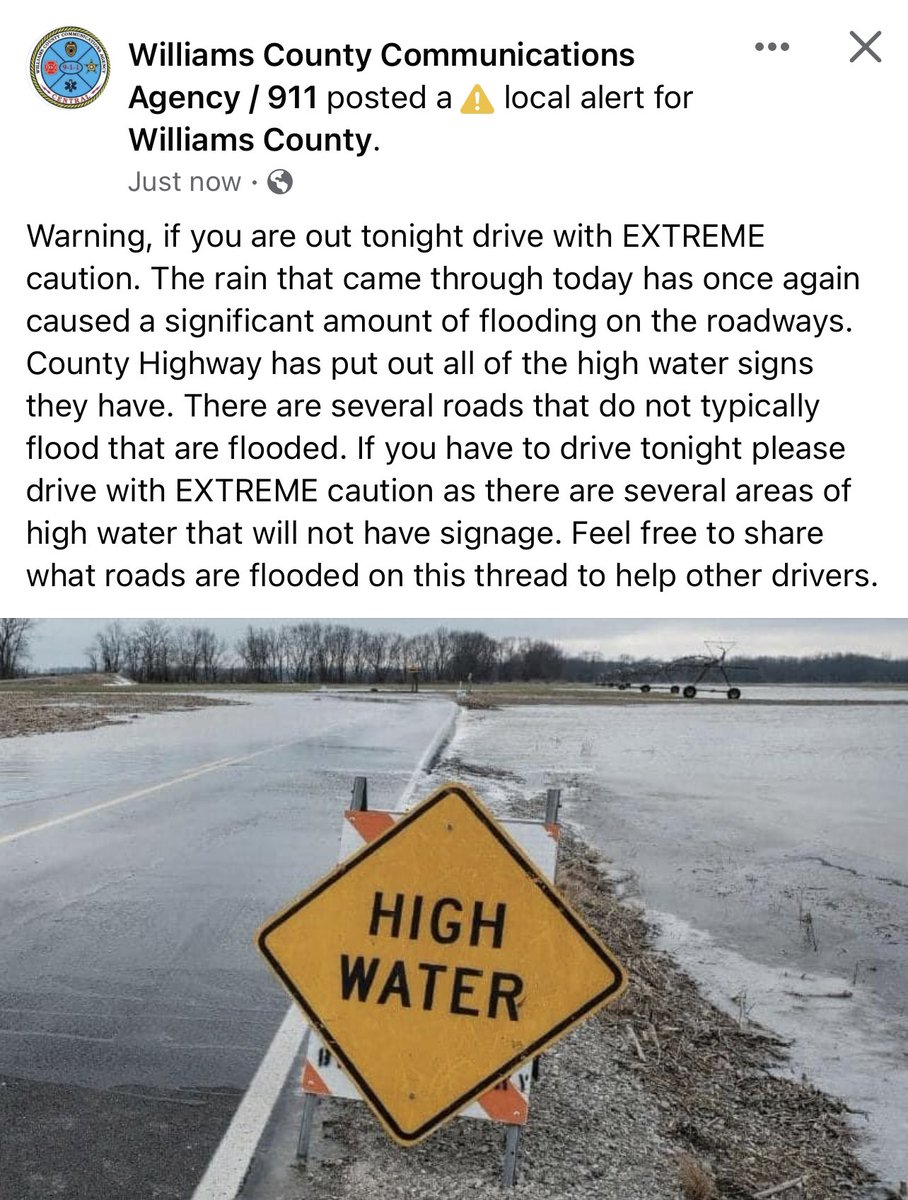 LowellHamrick's tweet photo. @NWSIWX Yet another alert out of Williams County, Ohio regarding flooding. County has ran out of signage. Posted 02/27/23 ~1900 hours https://t.co/EKSDqMv1QI