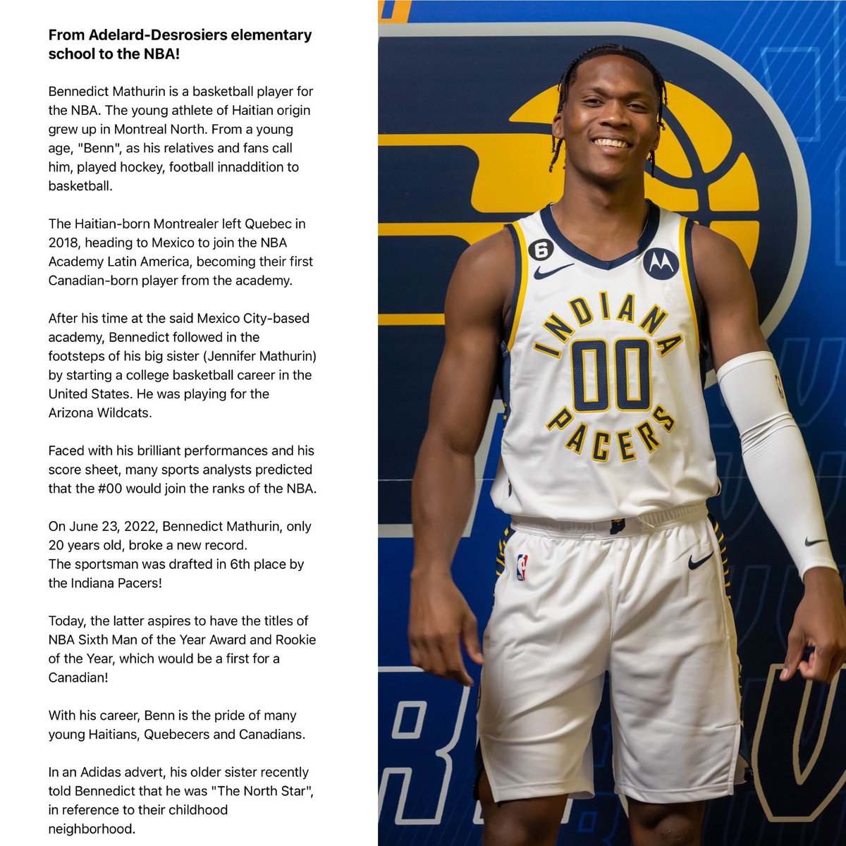 Sacha-Wilky Merazil (@sachamerazil) on Twitter photo To close Black History Month, I present to you the portrait of <a href="/BennMathurin/">Bennedict Mathurin</a>.
This sportsman from Adélard-Desrosiers elementary school is now turning heads in the NBA and "L'étoile du Nord" inspires many young people from Montreal North, his childhood neighborhood! To close Black History Month, I present to you the portrait of <a href="/BennMathurin/">Bennedict Mathurin</a>.
This sportsman from Adélard-Desrosiers elementary school is now turning heads in the NBA and "L'étoile du Nord" inspires many young people from Montreal North, his childhood neighborhood!