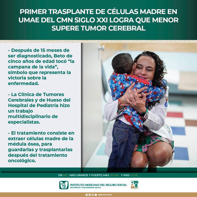 IMSS_YUCATAN's tweet photo. 💚#CasoDeÉxitoIMSS | Después de 15 meses de ser diagnosticado en #IMSSCDMX, Beto de cinco años de edad tocó “la campana de la vida”, símbolo que representa la victoria sobre la enfermedad.

🔗https://t.co/gPWAMj6QdN https://t.co/i0HnVzXoRC