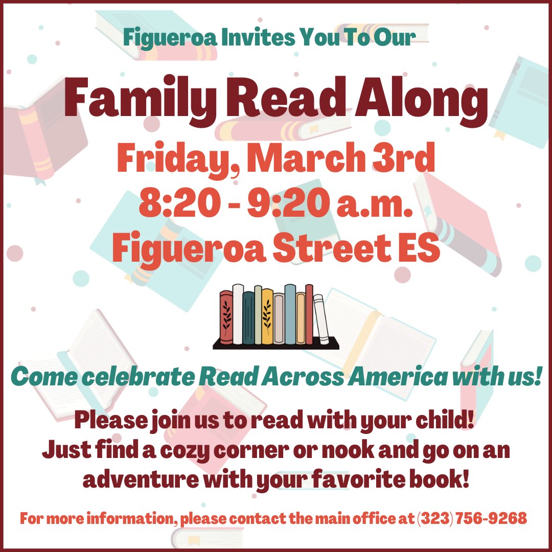 FigDolphins's tweet photo. Hello Figueroa Families! You are invited to come read with your child on Friday, March 3rd. We look forward to seeing you! 🎉📚🐬

¡Hola Familias de la Escuela Figueroa! Está invitado a venir a leer con su hijo/a el viernes 3 de marzo. ¡Esperamos verte! 🎉📚🐬 https://t.co/2X8oQ1rwlf
