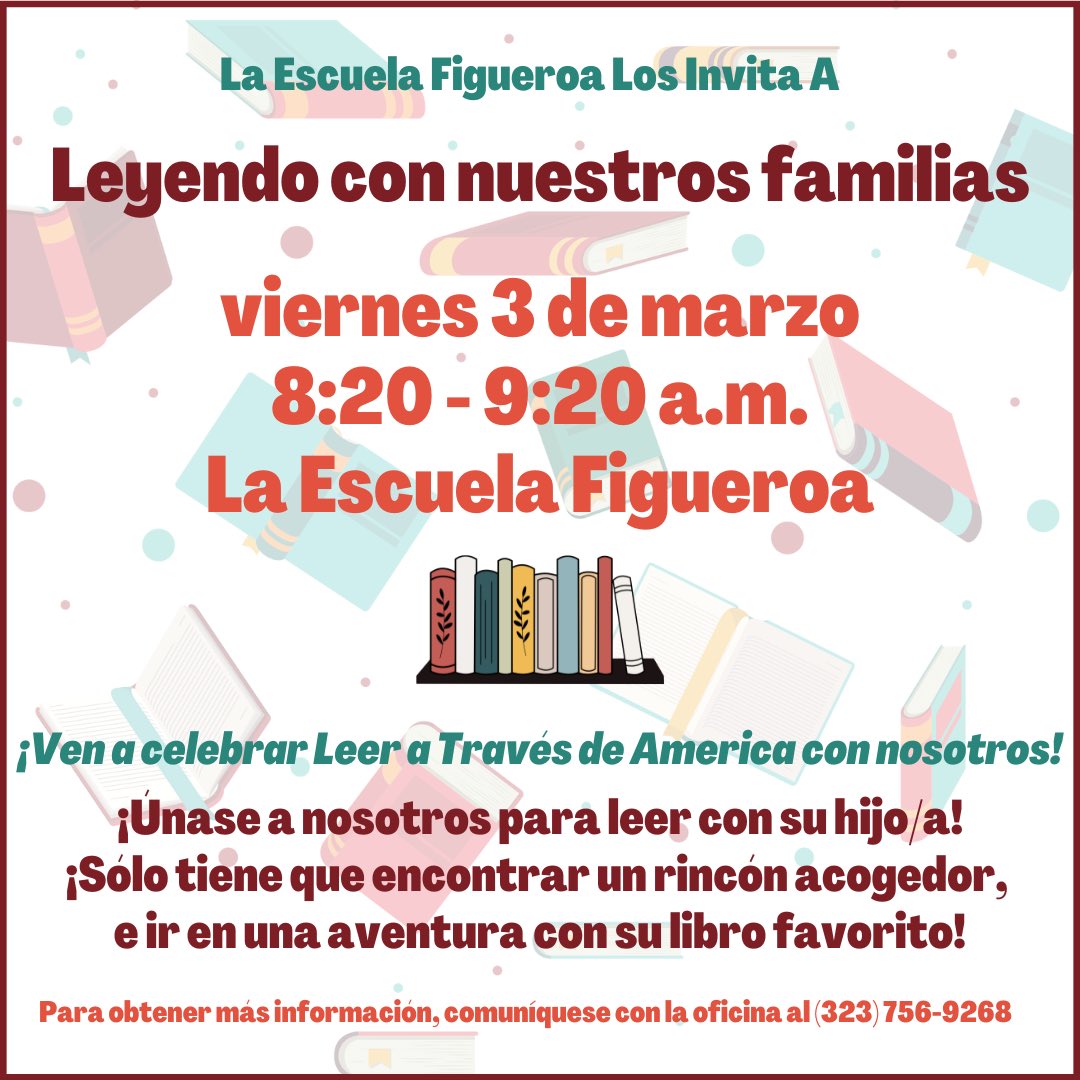 Hello Figueroa Families! You are invited to come read with your child on Friday, March 3rd. We look forward to seeing you! 🎉📚🐬

¡Hola Familias de la Escuela Figueroa! Está invitado a venir a leer con su hijo/a el viernes 3 de marzo. ¡Esperamos verte! 🎉📚🐬