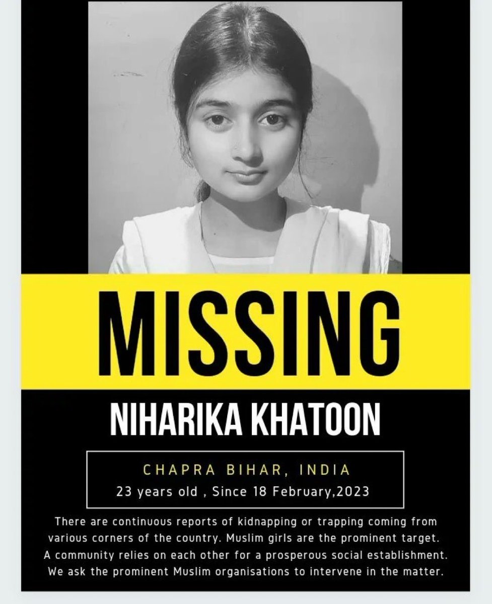 Niharika Khatoon, Chapra, Bihar is mixing since 18 Feb. According to some sources she has been brought to Delhi and kept in Dwarka, sector 3. A written complaint is lodge with police but in vain. Pls help &amp; retweet as much as possible.
<a href="/DelhiPolice/">Delhi Police</a> <a href="/DCWDelhi/">Delhi Commission for Women</a> ⁦<a href="/HindSwati/">SwatiJaiHind</a>⁩