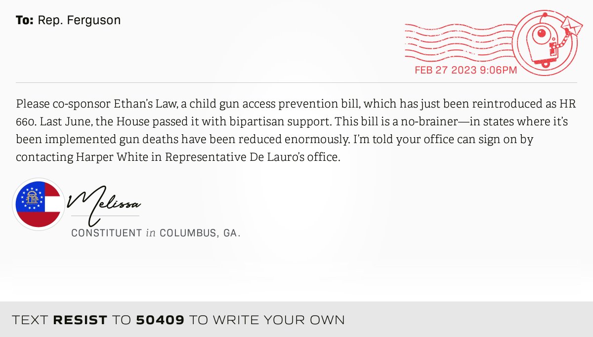 openletterbot's tweet photo. 📬 I delivered this ✉️ from Melissa, a constituent in Columbus, Ga., to @RepDrewFerguson #GA3 #GApol #HR660 📝 Write your own: https://t.co/z5540KoPID https://t.co/NIp8gb6v4v