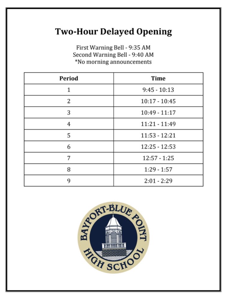BBPHSPhantoms's tweet photo. BBP High School has a 2-hour delayed opening on Tuesday, February 28. First period begins at 9:45 am. There is no BOCES program. BOCES student should report to school for their first scheduled class. @BBPHSPrincipal https://t.co/on1XGFXl0T