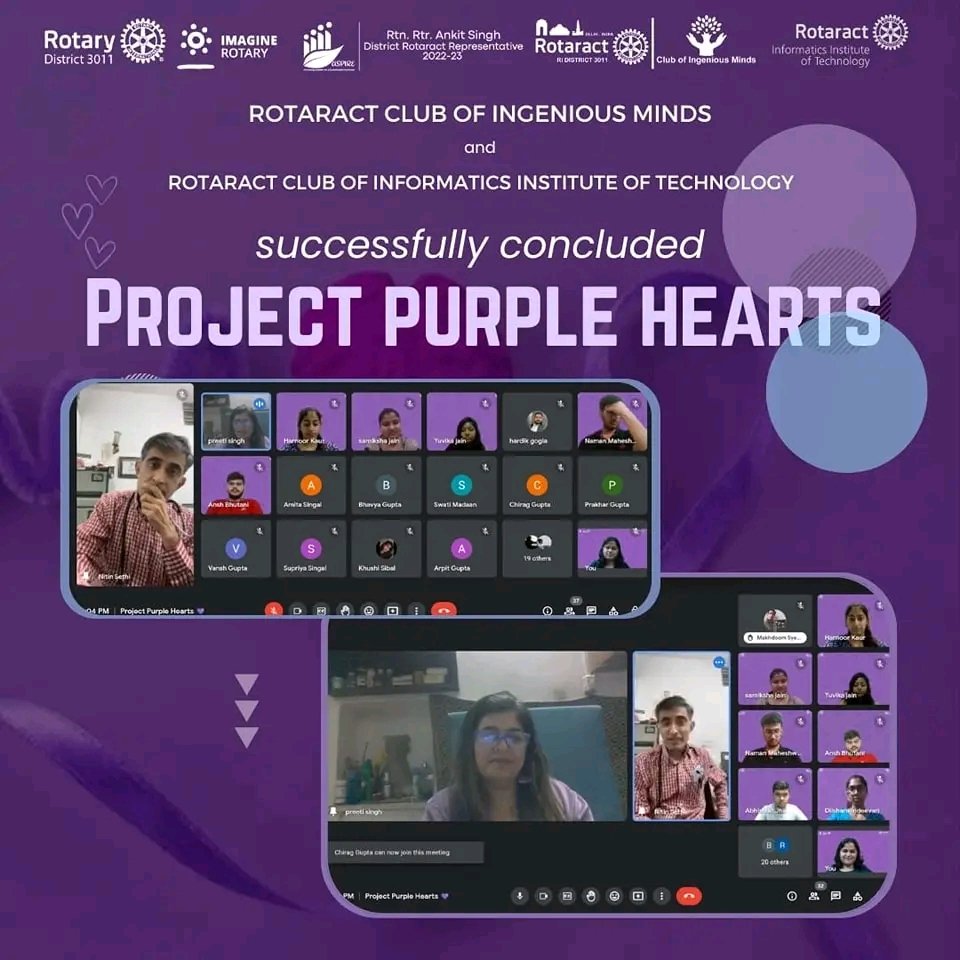IITRotaract's tweet photo. The Rotaract Clubs of Ingenious Minds and Informatics Institute of Technology happily announce the successful completion of the project, PURPLE HEARTS.
#internationalservice #successfullyconcluded #rotaract3220 #LearnServeandStrive #imaginerotary #RACIIT #weareraciit https://t.co/3DYfsj8iPg