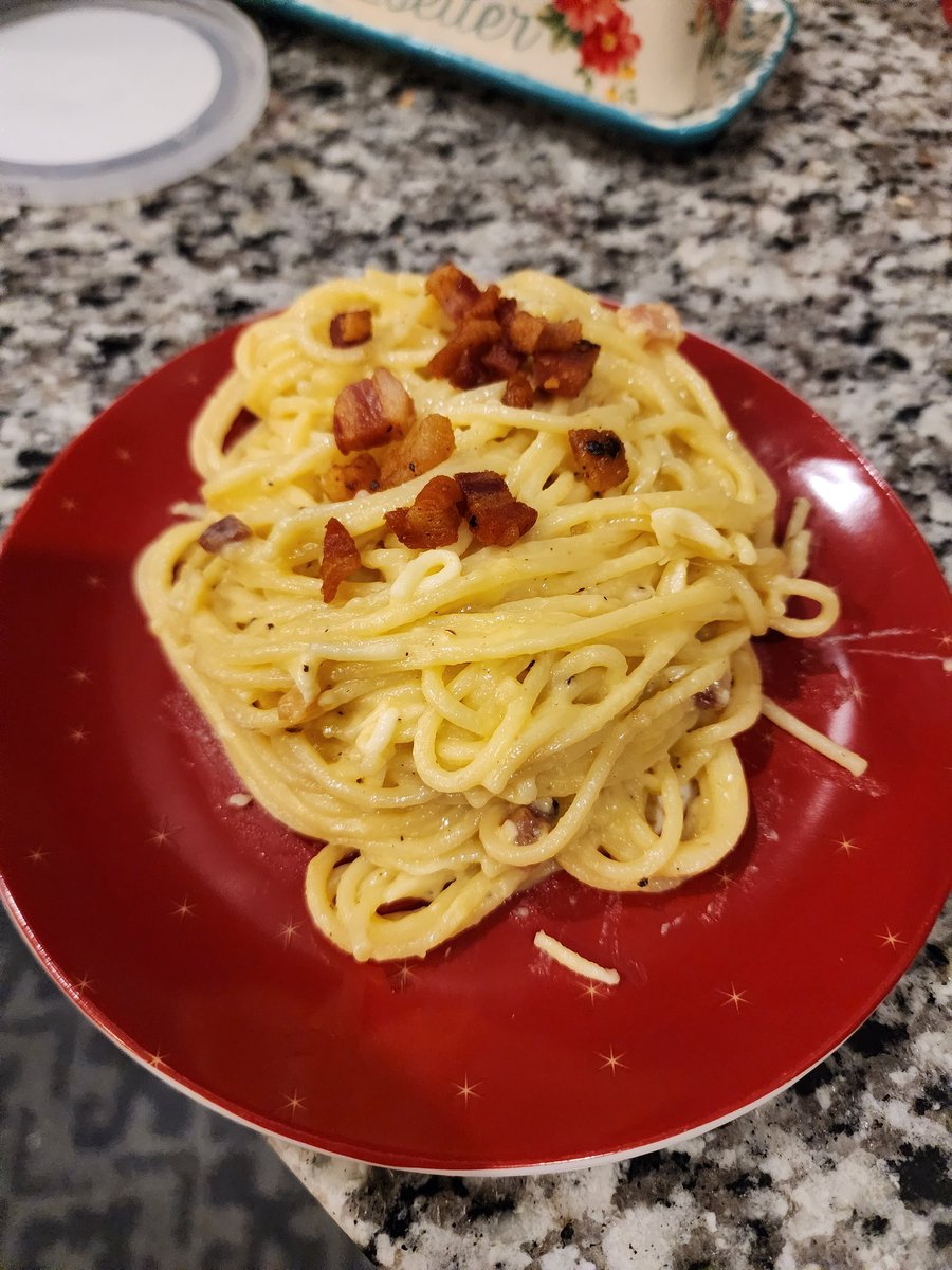 Redn3ck_Ma's tweet photo. @vincenzosplate my 1st attempt at your Spaghetti alla Carbonara using eggs, pecorino Romano, and pancetta (I couldn't find guanciale) and black pepper.  I think it tastes amazing, I have never had it before.  What do you think? https://t.co/0JoSoYmG4r