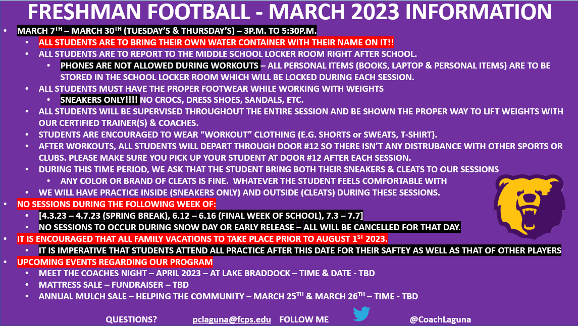 Great turnout thus far.  Let's keep it up!  
FRESHMAN 🏈MARCH 2023 DATES
@lbfreshmanfb @LakeBraddockFB @BerrianAlbert @lowrance_jason @mdoc376 
#TimeToWork