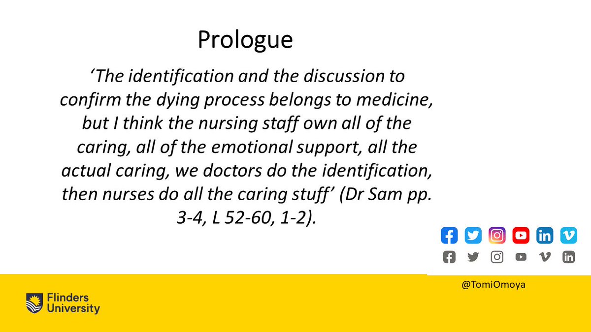 RePaDD1's tweet photo. For today’s #LunchtimeSeminar, @TomiOmoya says that we should keep in mind that “the discussion to confirm the #dyingprocess belongs to medicine, but…the #nursing staff own all of the #caring” https://t.co/B4yuVUdSq3