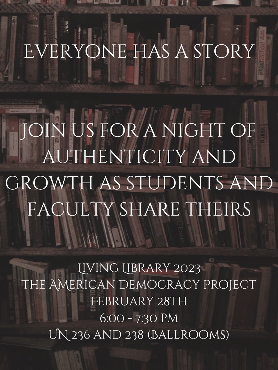 Everyone has a story. Make sure to stop by the union ballrooms (236 and 238) from 6-7:30 tomorrow for a unique event. The Living Library is a great opportunity to learn more about individuals we all have come to know and respect and learn from the lessons they're willing to share