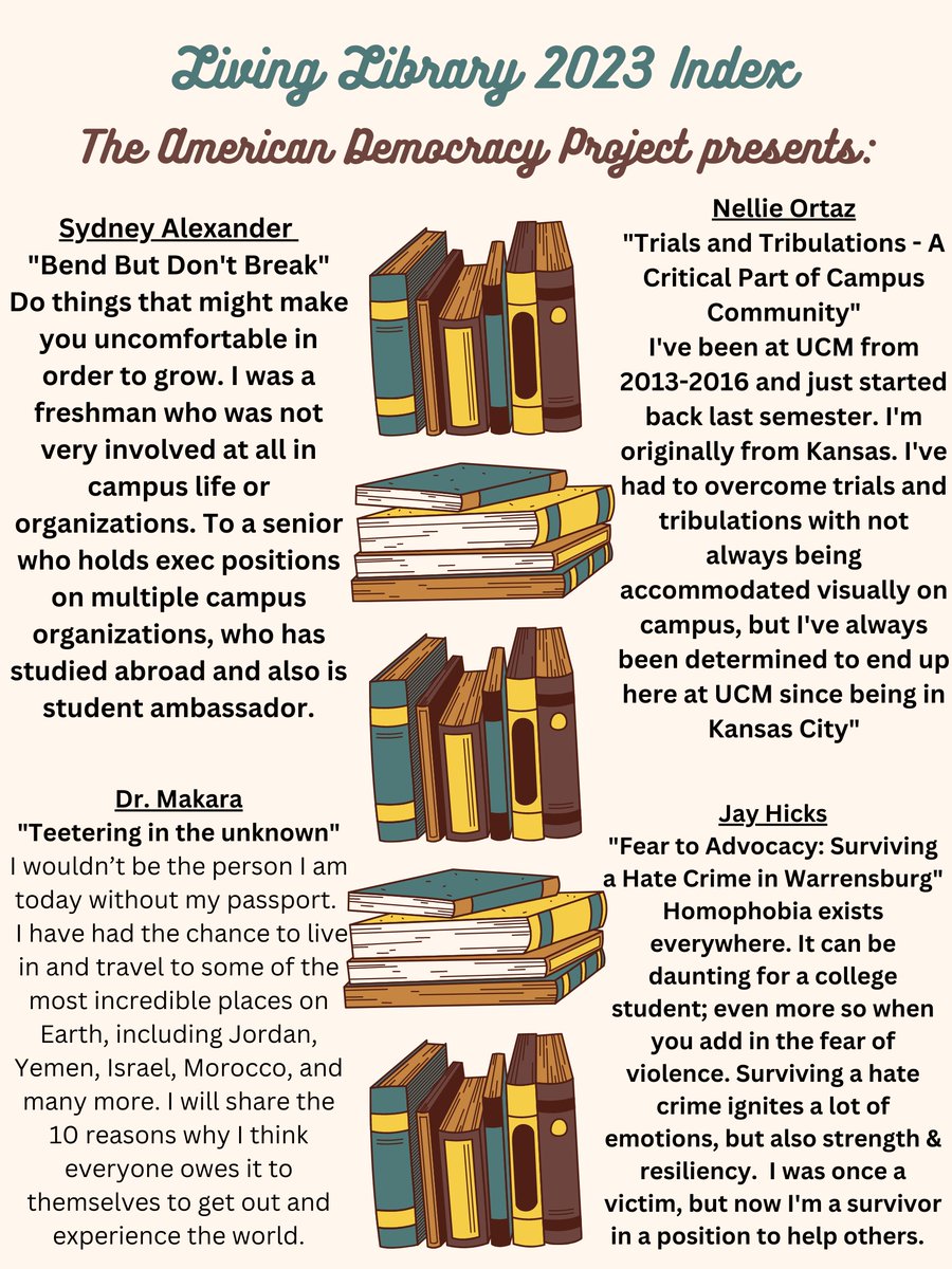 (Part 2) The Living Library is an annual event where students, faculty, staff, and community members come together and a select group of volunteers share their stories for students who stop by at their tables.  (Plus, there will be snacks, and who doesn't love that?)